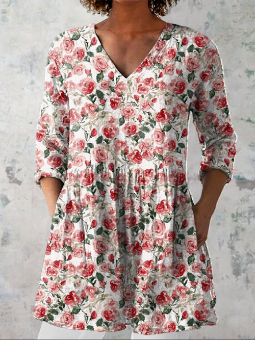 Watercolor French Rose Pattern Printed Women's Casual Linen V-Neck Shirt