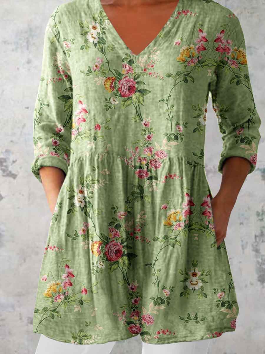 Women's Elegant Floral Pattern Round Neck Cotton and Linen Top