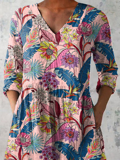 Vintage Spring Floral Pattern Printed Women's Casual Linen V-Neck Shirt
