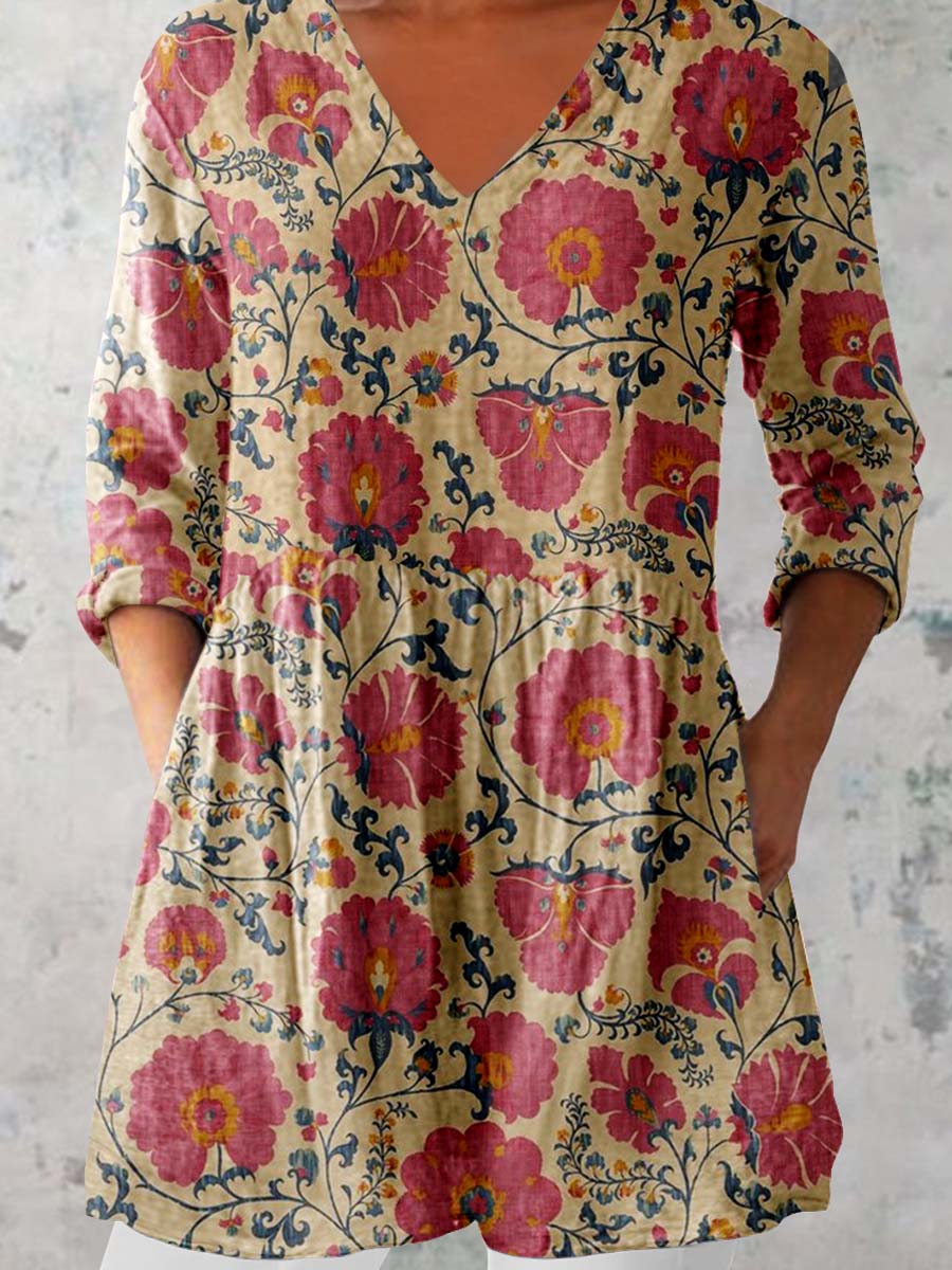 Women's Floral Pattern Cotton And Linen V-neck Top