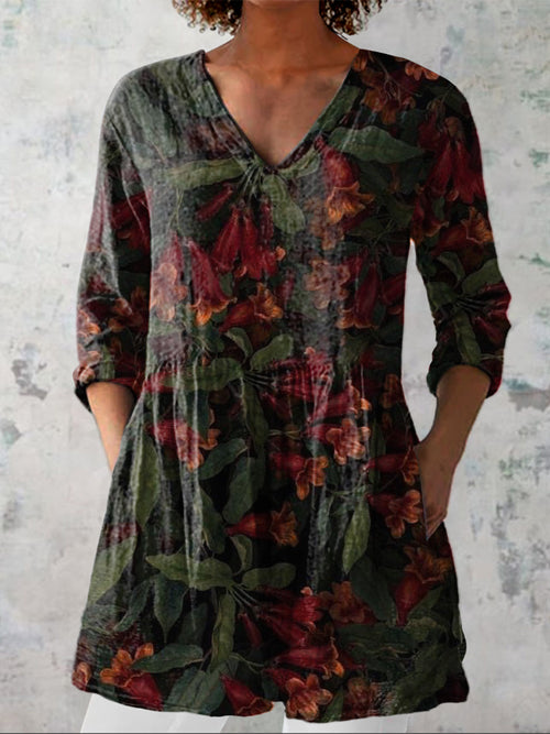 Midnight Tropical Summer Floral Pattern Printed Women's Casual Linen V-Neck Shirt