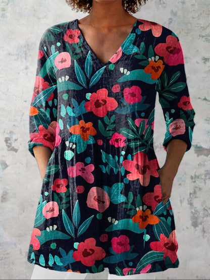 Midnight Summer Floral Pattern Printed Women's Casual Linen V-Neck Shirt