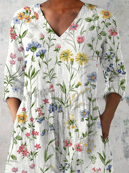 Wild Spring Floral Pattern Printed Women's Casual Linen V-Neck Shirt