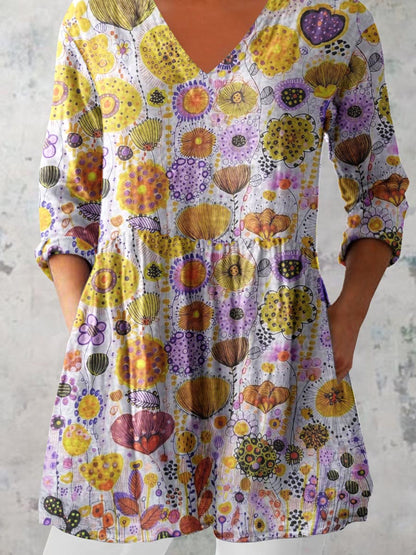 Women's Elegant Floral Pattern Cotton and Linen Top