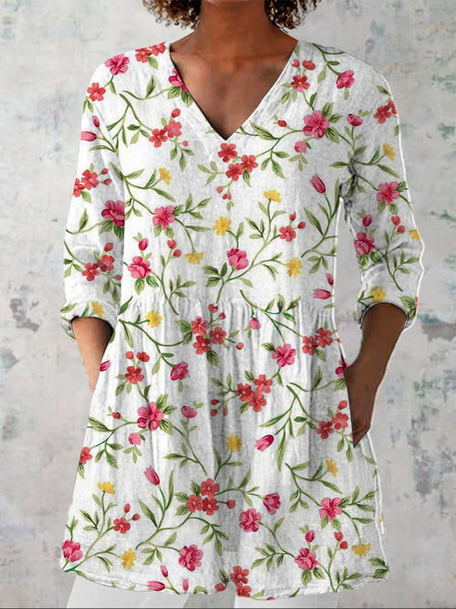 Watercolor Spring Floral Pattern Printed Women's Casual Linen V-Neck Shirt