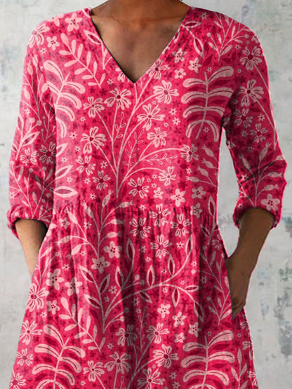 Sweet Pink Meadows Floral Pattern Printed Women's Casual Linen V-Neck Shirt