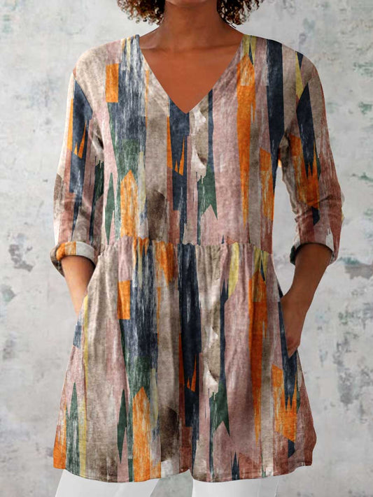 Women's Art Geometric Print V-Neck Cotton and Linen Top