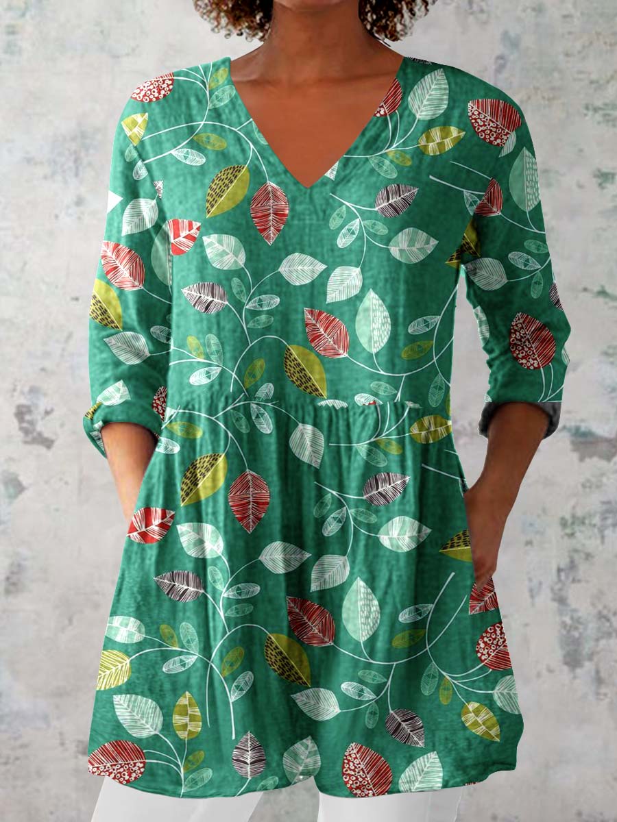 Women's Elegant Floral Print Pattern Cotton and Linen Top