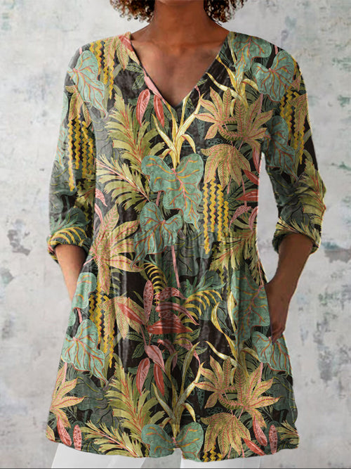 Wild Woodland Pattern Printed Women's Casual Linen V-Neck Shirt