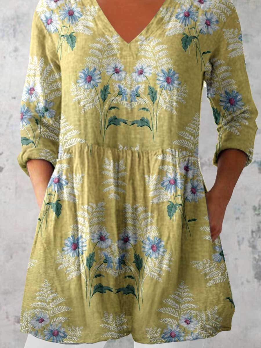 Women's Elegant Floral Cotton and Linen Top
