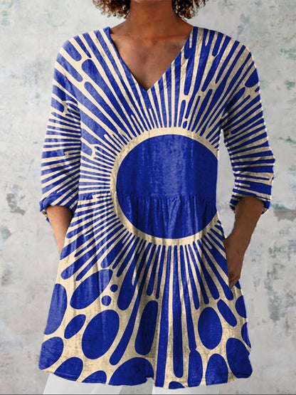 Modern Geometric Art Printed Women's Casual Linen V-Neck Shirt