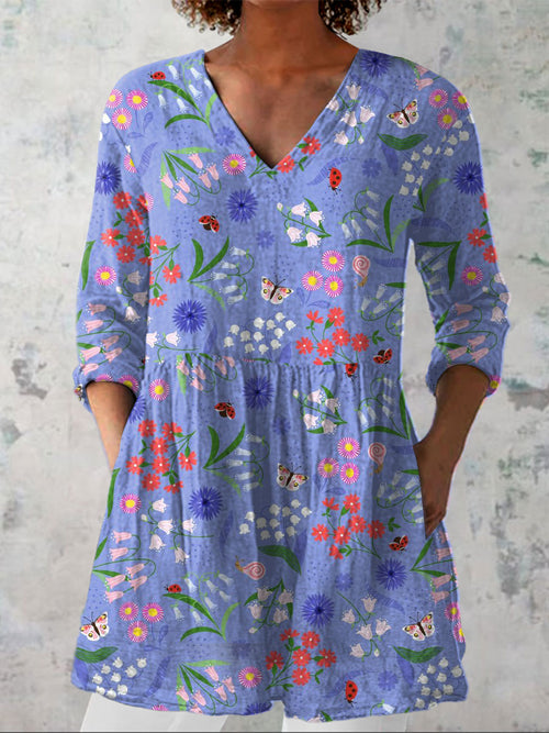 Women's   Pastoral Flowers Art Print Casual Linen V-neck Shirt