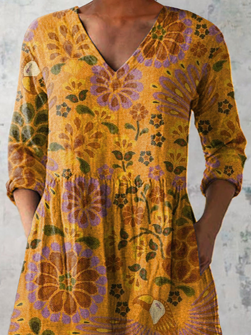 Summer Toucan And Floral Pattern Printed Women's Casual Linen V-Neck Shirt