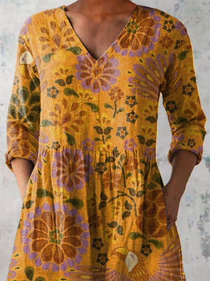 Summer Toucan And Floral Pattern Printed Women's Casual Linen V-Neck Shirt