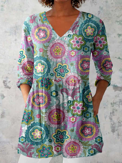 Women's Elegant Floral Pattern Cotton and Linen Top