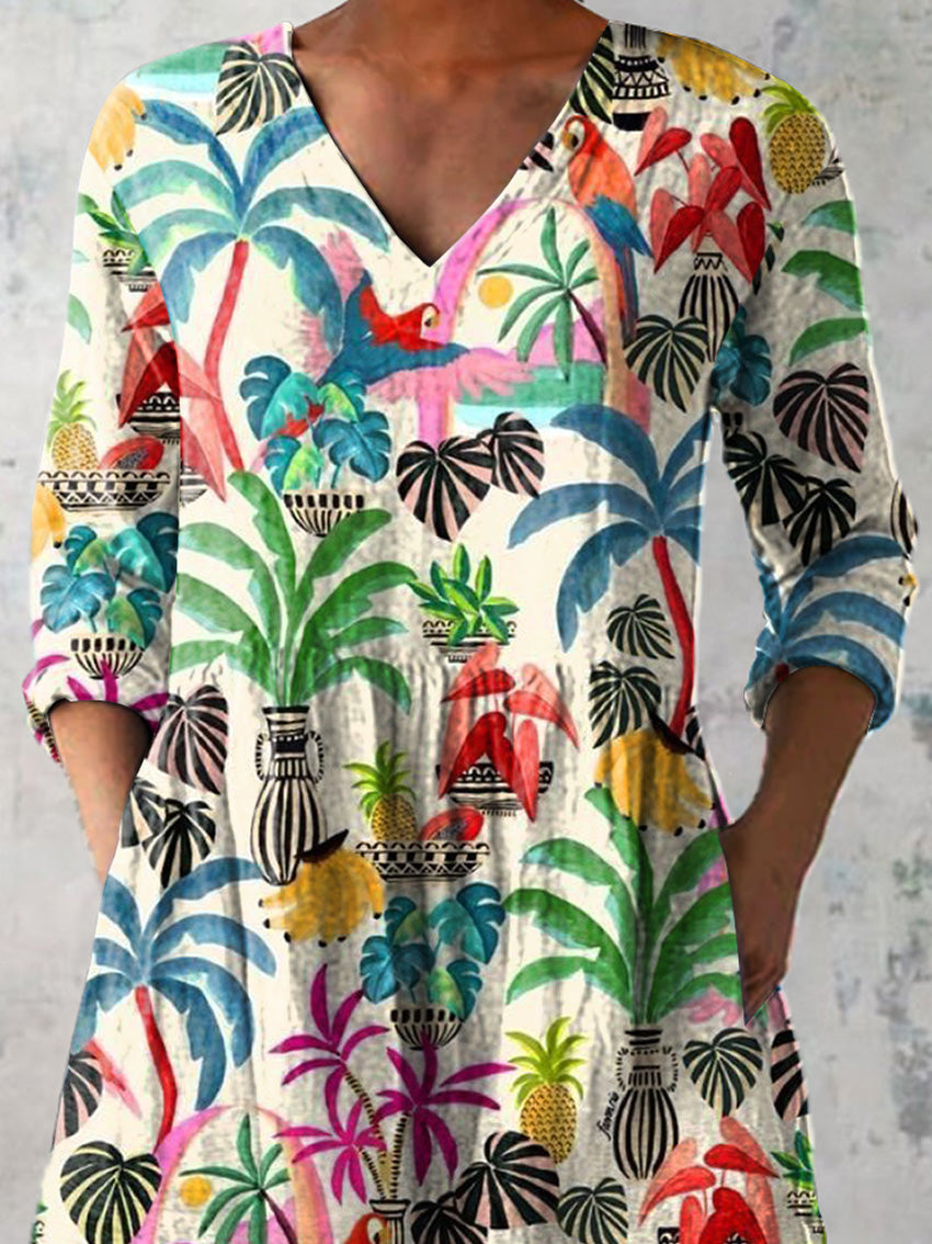 Playful Summer Vacation Pattern Printed Women's Casual Linen V-Neck Shirt