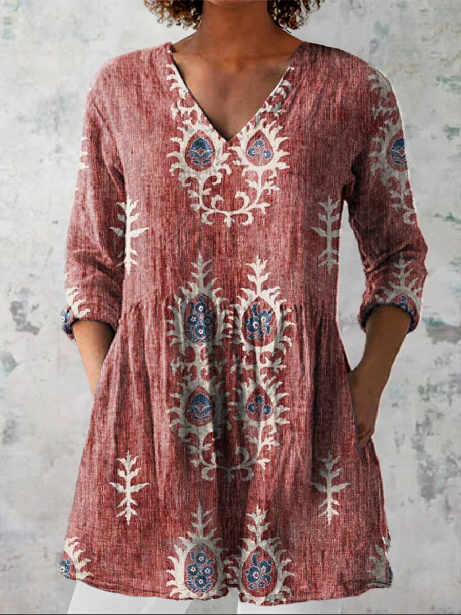 Women's Vintage Ethnic Pattern Art Print Casual Linen V-neck Shirt