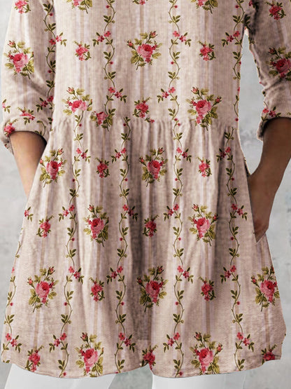 Women's Retro Floral Art Print Casual Cotton And Linen V-neck Top