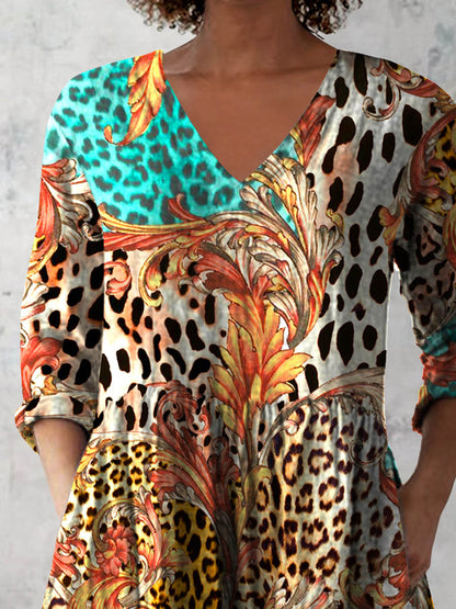 Women's Retro Leopard Floral Art Print Casual Cotton And Linen V-neck Top