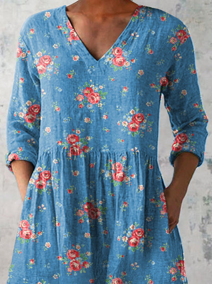 Lovely French Rose Pattern Printed Women's Casual Linen V-Neck Shirt