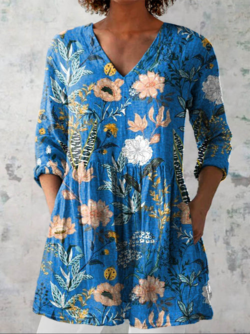Women's Lovely Floral Art Print Casual Linen V-neck Shirt