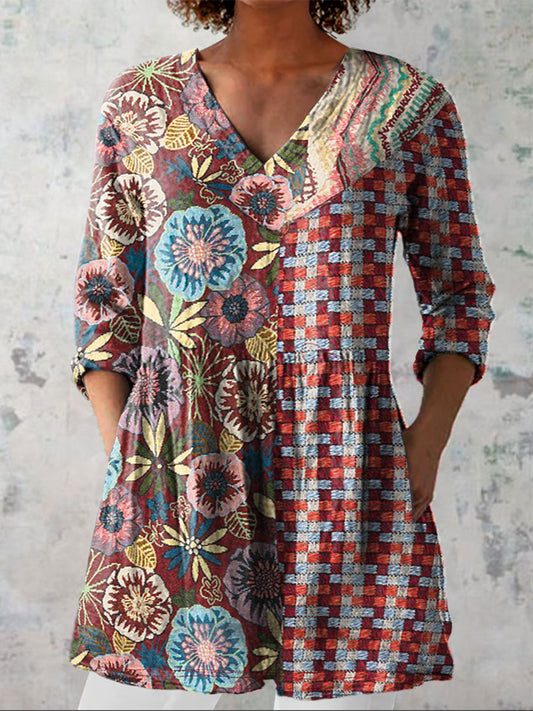 Women's Vintage Flower Art Print Casual Linen V-neck Shirt