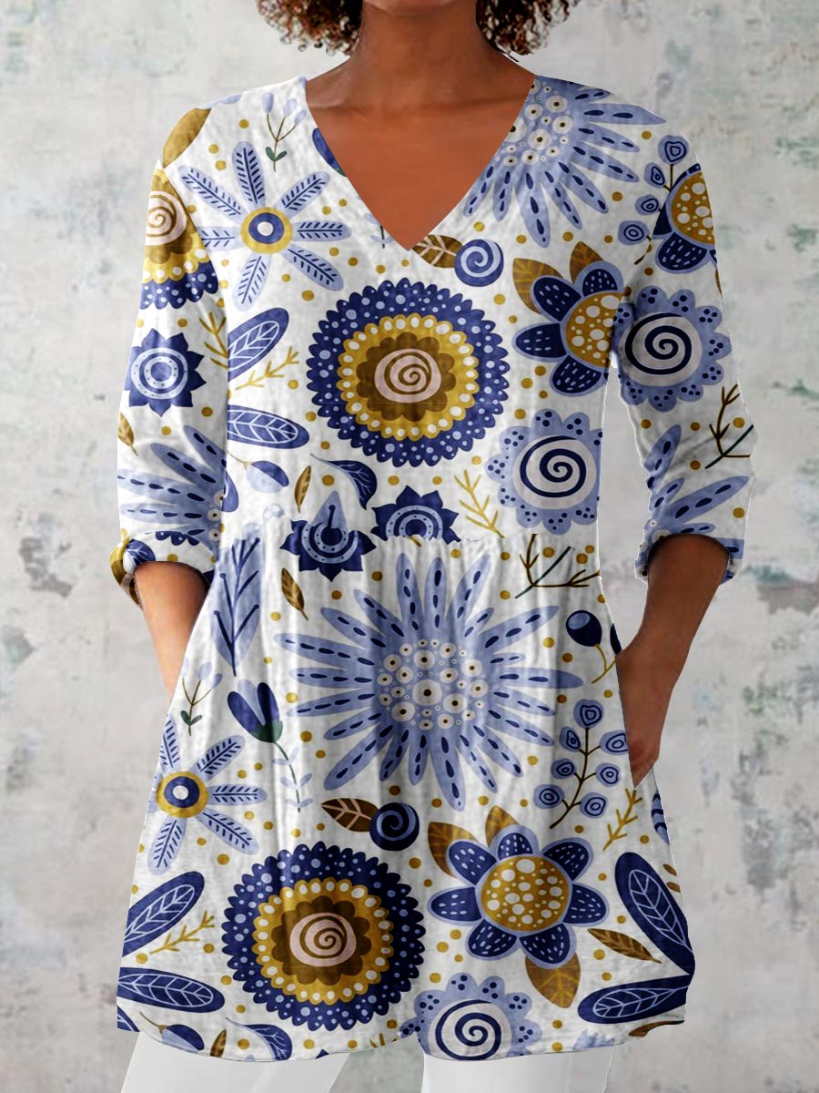 Women's Elegant Floral Pattern Cotton and Linen Top