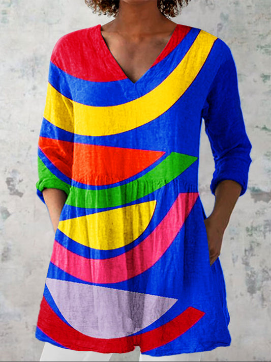 Women's Vintage Bright Colorful Geometric Pattern Art Print Casual Linen V-neck Shirt