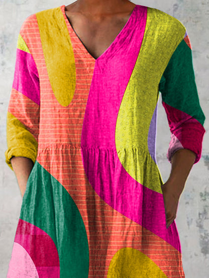 Colorful Abstract Art Printed Women's Casual Linen V-Neck Shirt