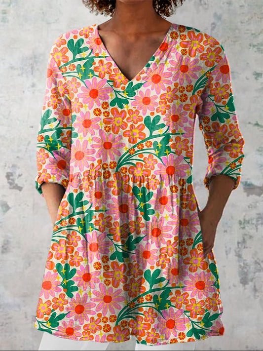 Retro Daisy Floral Pattern Printed Women's Casual Linen V-Neck Shirt