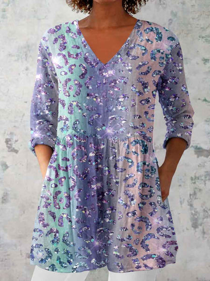 Women's Gradient Leopard Print Cotton and Linen Top