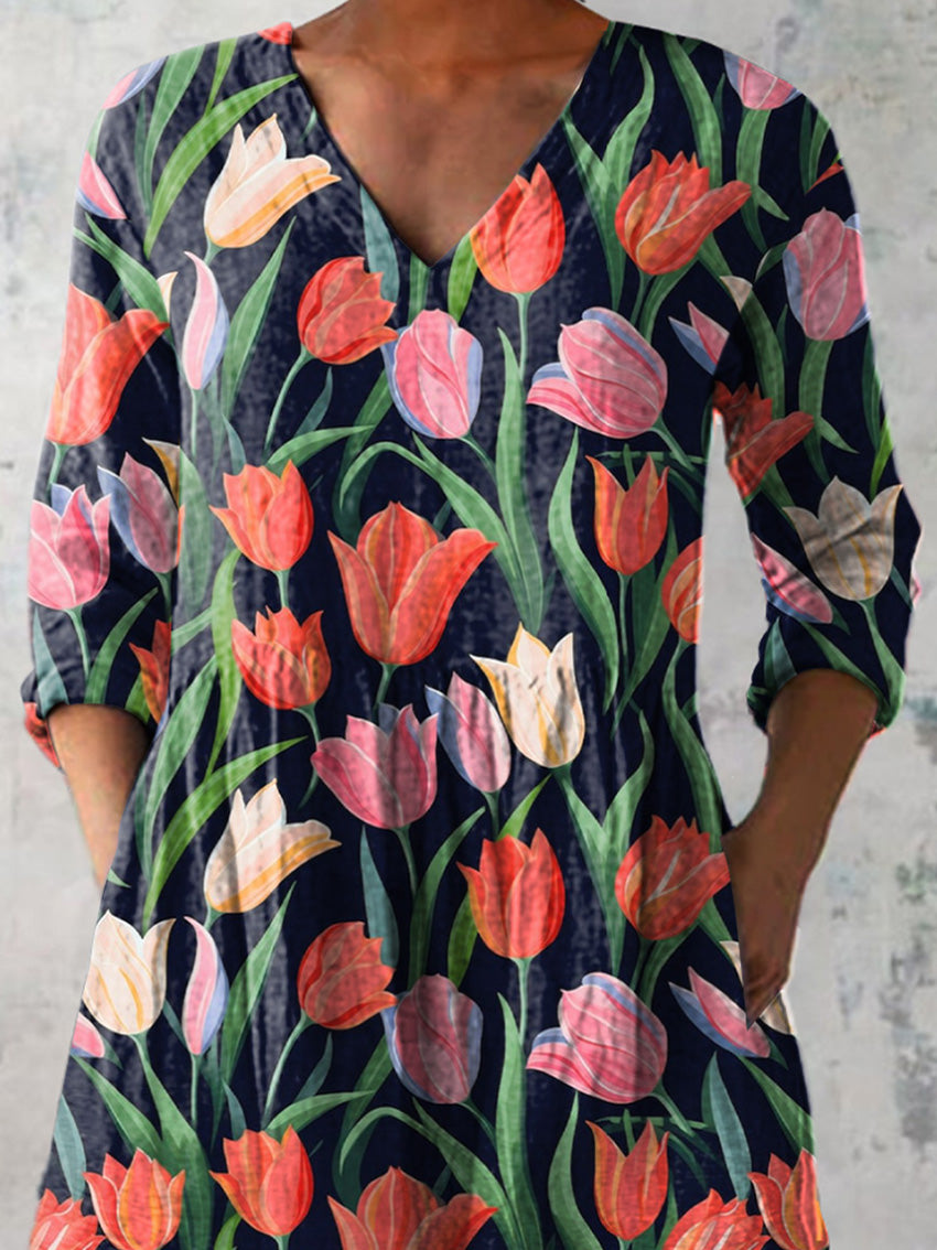 Tulip Floral Repeat Pattern Printed Women's Casual Linen V-Neck Shirt