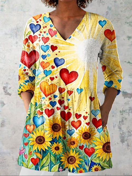 Women's Vintage Flowers Sunflower Love Heart Art Print Casual Linen V-neck Shirt