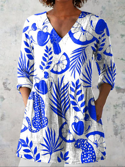 Vibrant Summer Tropical Forest Pattern Printed Women's Casual Linen V-Neck Shirt