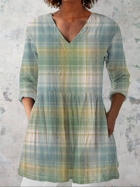 Spring Country Vibe Plaid Pattern Printed Women's Casual Linen V-Neck Shirt