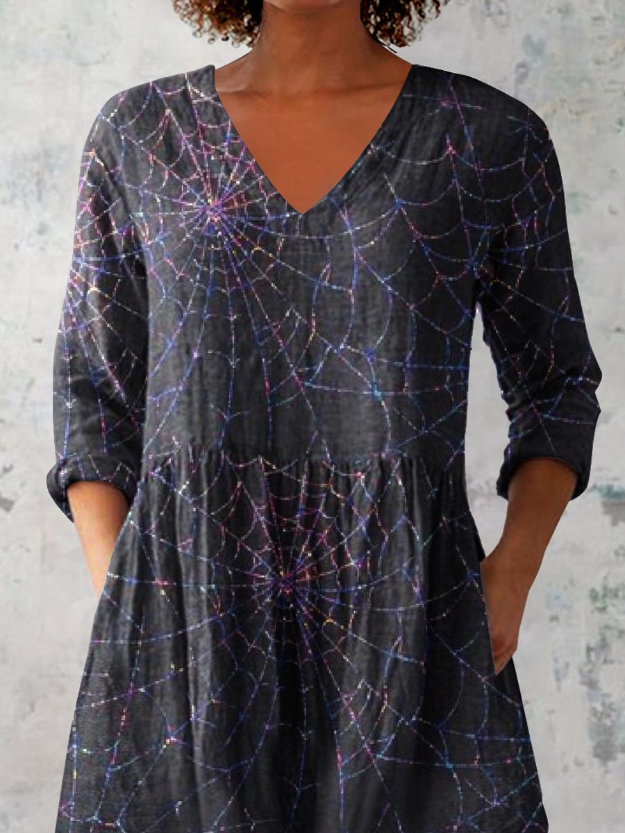 Women's Halloween Spider Web Pattern Print V-Neck Cotton and Linen Top