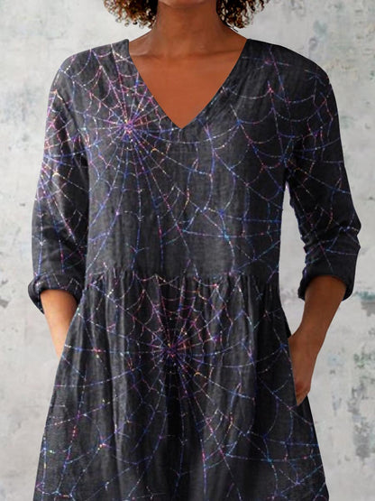 Women's Halloween Spider Web Pattern Print V-Neck Cotton and Linen Top