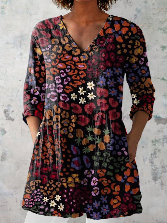 Vintage Colorful Garden Floral Pattern Printed Women's Casual Linen V-Neck Shirt