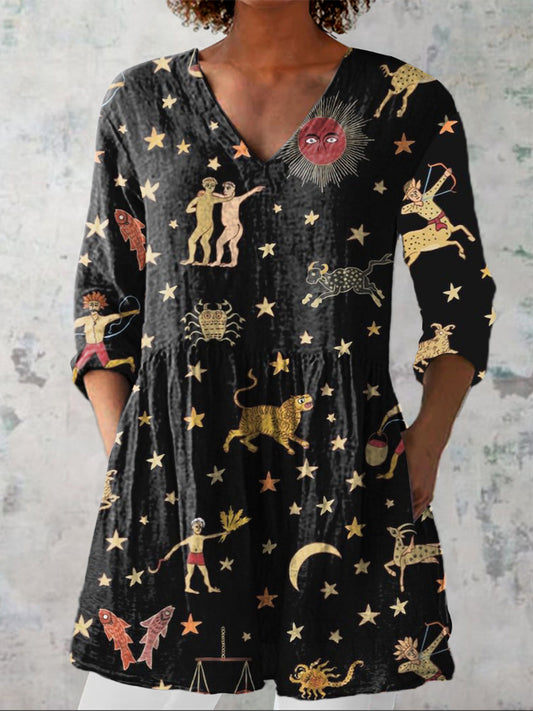 Star And Horoscope Pattern Printed Women's Casual Linen V-Neck Shirt