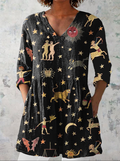 Star And Horoscope Pattern Printed Women's Casual Linen V-Neck Shirt