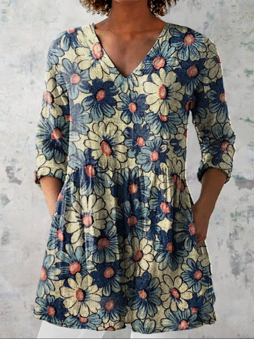 Women's Vintage Lovely Floral Art Print Casual Linen V-neck Shirt
