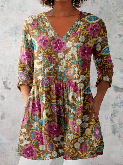 Women's Elegant Floral Round Neck Cotton and Linen Top