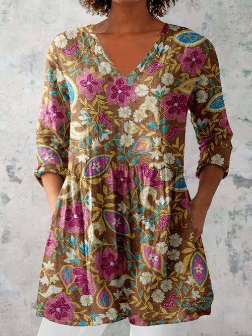 Women's Elegant Floral Round Neck Cotton and Linen Top