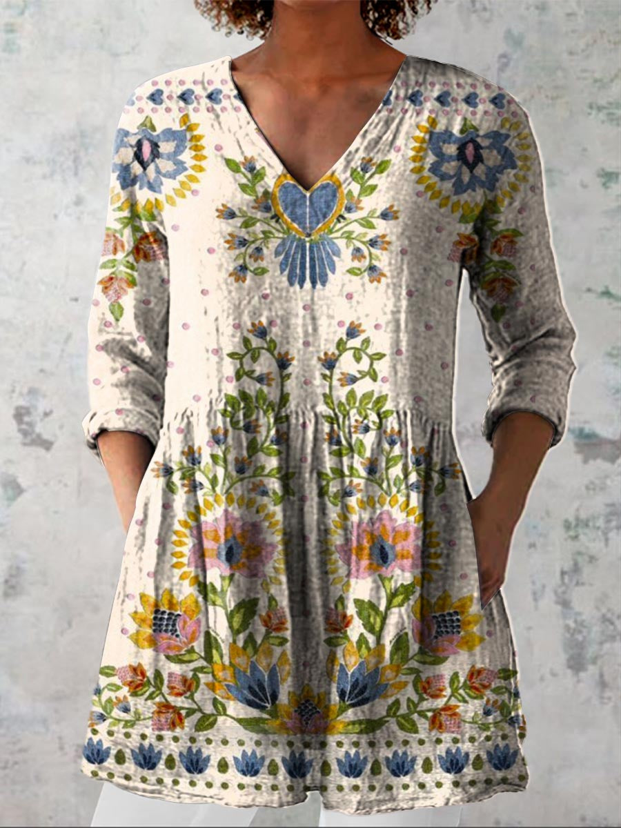 Women's Vintage Lovely Floral Art Print Casual Linen V-neck Shirt