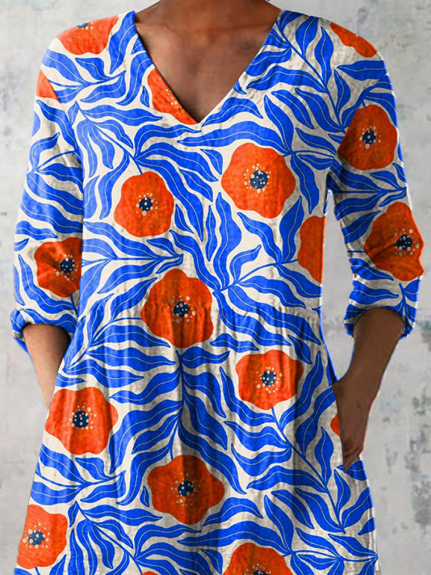 Watercolor Poppy Pattern Printed Women's Casual Linen V-Neck Shirt