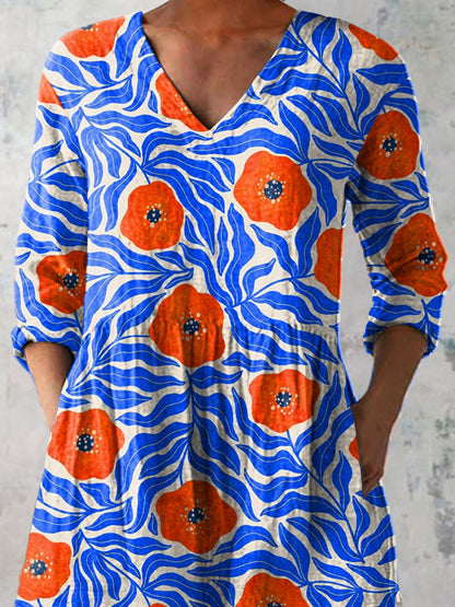 Watercolor Poppy Pattern Printed Women's Casual Linen V-Neck Shirt