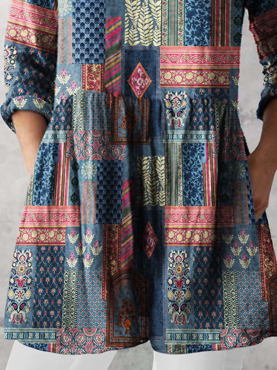 Women's Retro Floral Art Print Casual Cotton And Linen V-neck Top