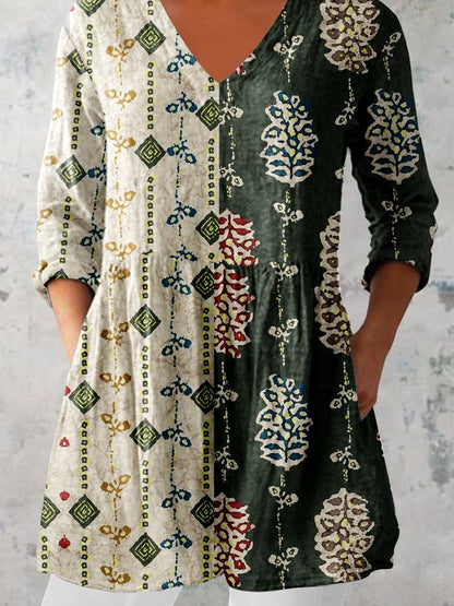 Women's Elegant Floral Motion Round Neck Cotton and Linen Top