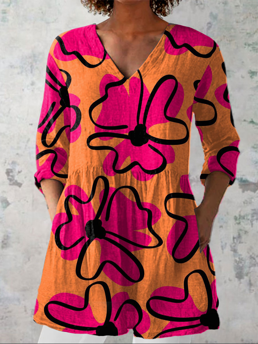 Women's   Abstract Flowers Art Print Casual Linen V-neck Shirt