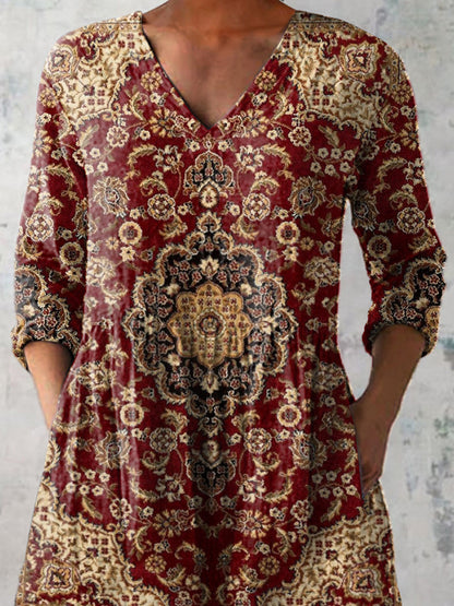 Vintage Ethnic Pattern Printed Women's Casual Linen V-Neck Shirt